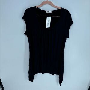 Meaneor Women's Black Scoop Neck Asymmetrical Hem Long Blouse Size X Large NWT